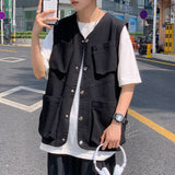 Men Vests Sleeveless Cargo Spring Fashion Multi-pockets V-neck Button Up Streetwear Teenagers Harajuku Jackets Males Waistcoats