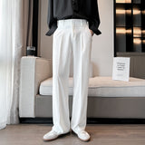 New Men Suit Pants Solid Full Baggy Casual Wide Leg Trousers Black White High Waist Straight Bottoms Streetwear Oversize Pants