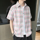 Half Sleeve Man Tops Red Plaid Shirts and Blouses for Men Silk S Cotton Cheap Brand Hipster Korean Style Designer Asia Clothing