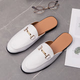 Ilooove Fashion Men's slip-on half Slippers High Quality Leather men shoes classic Mules Non-slip half shoes Summer white Moccasins