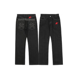 Spring Retro Ripped Stars Letter Embroidery Black Casual Jeans Straight Pockets Washed Streetwear Mens Denim Trousers