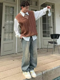 Ilooove Sweater Vest Men American Retro Baggy Youthful Popular Sleeveless Simple Preppy Style Handsome Harajuku Males Knitting Autumn