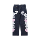 Vintage Pocket Skull Embroidery Straight Cargo Pants Men And Women  Jeans Trousers 2023 Harajuku Streetwear Denim Pants