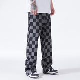 Spring New Men's Brown Check Print Baggy Jeans Korean Fashion Streetwear Denim Straight Pants Male Brand Trousers