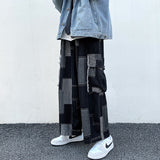 Washed Cargo Jeans Fashion Splice Pants Plus Size Wide Leg   Pants Large Pocket Waist Elastic Hip Hop Streetwear Cowboy Trousers