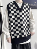 Sweater Vest Men Plaid Vintage Design Korean Style Simple Daily All-match Spring New College Couples Loose V-neck Knitting Soft