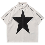 Ilooove Star Splicing Shirts Oversized Harajuku Streetwear Hip Hop Shirts Men Fashion Casual Loose Zip Up Blouse Y2K Red Black Summer