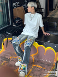 Destruction Brushed Washed Heavy Industry Embroidered Loose Straight Leg Ripped Jeans Man Woman Bleached Dyed Pants Tide