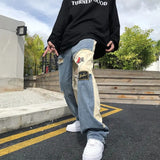 Y2k Retro Alphabet Embroidery Men'S Jeans Hip-Hop Wide-Leg Jeans Trousers Punk Straight Four Seasons Casual Loose Denim Trousers