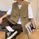 Men Vests Sleeveless Cargo Spring Fashion Multi-pockets V-neck Button Up Streetwear Teenagers Harajuku Jackets Males Waistcoats