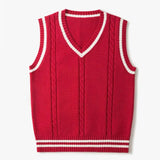 Ilooove Sweater Vest Men Thicken V-neck Sleeveless Knitted Sweaters Vests Striped Retro Preppy-style Simple Chic Loose Casual All-match