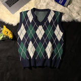 Ilooove Men Sweater Vests Plaid Autumn Winter Retro Loose Couples Sleeveless Knitted Tops Chic V-neck Korean Style Soft Ins Casual Male