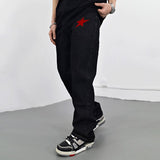 Spring Retro Ripped Stars Letter Embroidery Black Casual Jeans Straight Pockets Washed Streetwear Mens Denim Trousers