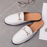 Ilooove Fashion Men's slip-on half Slippers High Quality Leather men shoes classic Mules Non-slip half shoes Summer white Moccasins