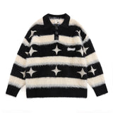 Hip Hop Sweater Men Y2K Contrast Striped Star Jacquard Lapel Knit Pullover Harajuku Casual Oversized Jumpers Autumn Couple Tops