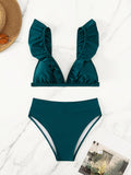 Chic V-Neck Bikini Set for Women: High Waist, High-Cut, with Lettuce Trim - Easy-Care, Comfort Stretch Swimwear