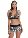 Camo Chic Two-Piece V Neck Halter Bikini Set - Women's Swimwear & Clothing, Tie Back Backless Drawstring Tie Side Boxer Short Bottom, Comfortable and Stylish Summer Swimsuit for Beach or Pool