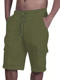 Durable Casual Men's Drawstring Cargo Shorts - Mid-Waist Solid Color with Flap Pockets for Spring/Fall