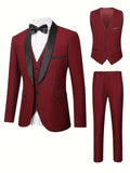 3-Piece Men's Formal Dress Outfit Set - Long Sleeve One Button Shawl Collar Jacket with Pockets, Slim Fit Pants, Perfect for Wedding Banquet and Formal Events