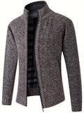 Warm Stand Collar Fleece Jacket, Men's Semi-formal Comfortable Solid Color Zip Up Knitted Cardigan For Spring Fall