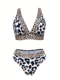 2 Piece Leopard Print Bikini Set - Women's Sexy V Neck High Cut Swimsuits with Adjustable Straps and Padded Cups - Perfect for Summer Beach Vacation