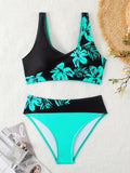 2 Piece V-Neck Floral Pattern High Cut Bikini Set - High Stretch Polyester Swimsuits with Random Print, Positioning Printing, and Knit Fabric - Hand Wash Only, Customized Swimwear for Women