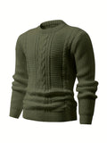 Men's Stylish Solid Color Cable Knit Sweater - High Stretch, Round Neck Pullover for All Seasons