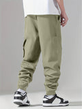 Men's Casual Solid Cargo Pants With Pockets, Elastic Waistband And Cuff Loose Trousers, Streetwear Style Durable Fabric Sports Pants