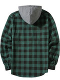 Men's Casual Hooded Plaid Shirt, Long Sleeve Button Up Clothing, Fashion Outerwear