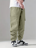 Men's Casual Solid Cargo Pants With Pockets, Elastic Waistband And Cuff Loose Trousers, Streetwear Style Durable Fabric Sports Pants