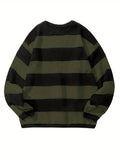 Men's Casual Fashion Striped Pullover Sweater, Spring/Autumn Thin Polyester Knit, Round Neck, Stretchy Fabric, Regular Fit