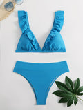 Chic V-Neck Bikini Set for Women: High Waist, High-Cut, with Lettuce Trim - Easy-Care, Comfort Stretch Swimwear