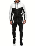 Mens Color Block 2 Piece Outfits, Hooded Zip Breathable Casual Jacket And Casual Drawstring Sweatpants Set For Spring Autumn, Men's Clothing