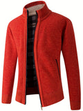 Warm Stand Collar Fleece Jacket, Men's Semi-formal Comfortable Solid Color Zip Up Knitted Cardigan For Spring Fall