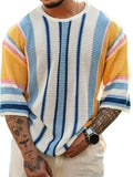 Plus Size Men's Casual Color Block Striped Knit Sweater, Loose-Fit Summer Pullover, Breathable Short Sleeve Vacation Style