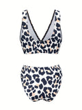 2 Piece Leopard Print Bikini Set - Women's Sexy V Neck High Cut Swimsuits with Adjustable Straps and Padded Cups - Perfect for Summer Beach Vacation