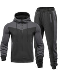 Mens Color Block 2 Piece Outfits, Hooded Zip Breathable Casual Jacket And Casual Drawstring Sweatpants Set For Spring Autumn, Men's Clothing