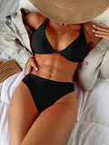 2-Piece Solid Color V-Neck High Cut Bikini Swimsuit Set, Back Buckle, Women's Swimwear & Clothing