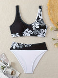 2 Piece V-Neck Floral Pattern High Cut Bikini Set - High Stretch Polyester Swimsuits with Random Print, Positioning Printing, and Knit Fabric - Hand Wash Only, Customized Swimwear for Women