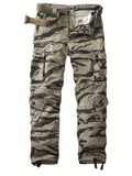 Loose Fit Camo Pattern Cargo Pants - Zipper Fly, Multi Flap Pocket, Non-Stretch Cotton Fabric - Casual Weekend Outdoor Pants for Men, Mid Waist, Regular Length, All-Season Wear