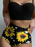 Sun Flower Print Black High Waisted 2 Piece Set Bikini, Spaghetti Strap Stretchy Stylish Swimsuits, Women's Swimwear & Clothing