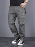 Mens Loose Fit Solid Color Cargo Pants - Multi-Pocket Drawstring Trousers for Weekend Casual - Polyester, Non-Stretch, Mid Waist, Regular Length, Hand Washable