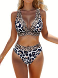 2 Piece Leopard Print Bikini Set - Women's Sexy V Neck High Cut Swimsuits with Adjustable Straps and Padded Cups - Perfect for Summer Beach Vacation