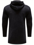 Ilooove - Warm Mid-length Hooded Fleece Coat, Men's Comfortable Solid Color Zip Up Knitted Cardigan For Spring Fall