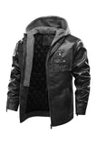 Ilooove - Men's Bomber Zipper Leather Removable Hooded  Bomber Faux Leather Jacket  Utility Motorcycle Outdoor Work Warm Winter Coat