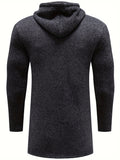 Ilooove - Warm Mid-length Hooded Fleece Coat, Men's Comfortable Solid Color Zip Up Knitted Cardigan For Spring Fall