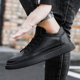 Back to college Men Leather Casual Shoes Fashion Leather Flat Shoes Sneakers Pure Black Warm Thick Sole Soft Wear Low Top New Zapatillas Hombre