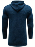 Ilooove - Warm Mid-length Hooded Fleece Coat, Men's Comfortable Solid Color Zip Up Knitted Cardigan For Spring Fall