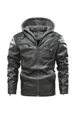 Ilooove - Men's Bomber Zipper Leather Removable Hooded  Bomber Faux Leather Jacket  Utility Motorcycle Outdoor Work Warm Winter Coat