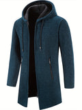 Ilooove - Warm Mid-length Hooded Fleece Coat, Men's Comfortable Solid Color Zip Up Knitted Cardigan For Spring Fall